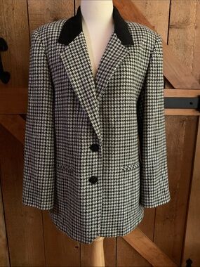 Vtg Cross Country Fashions Wool Blend  Houndstooth Blazer Black Collar Size 12